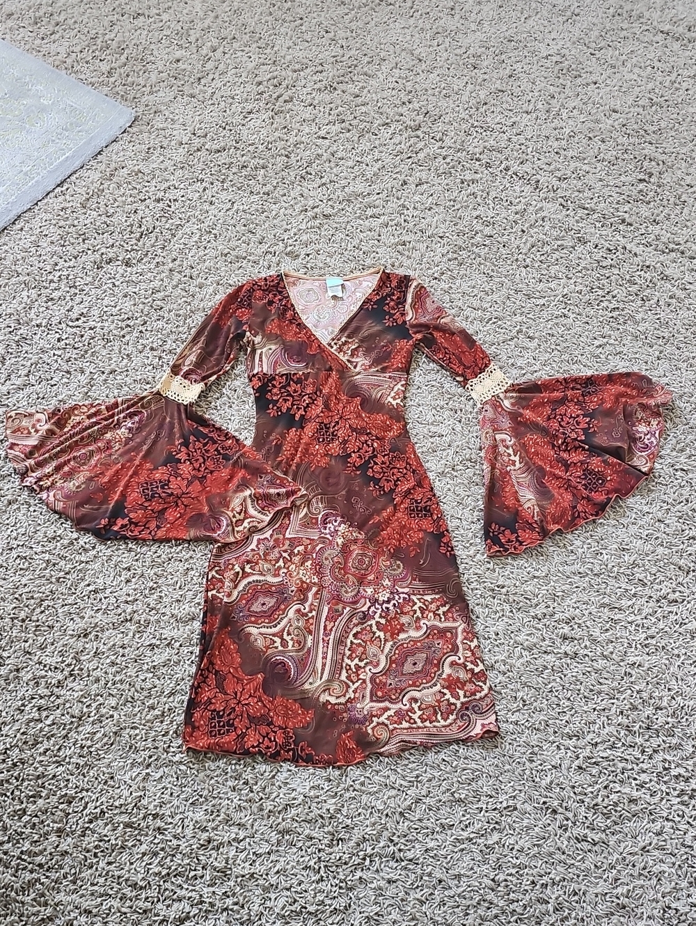 So Cool USA Dress True Y2k Vintage Dress Boho Paisley Flare Sleeves Small Mini - Picture 1 of 7